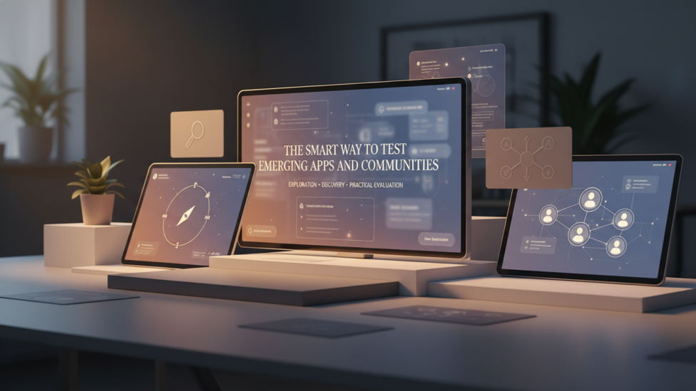 Person thoughtfully exploring new digital apps and communities on multiple screens