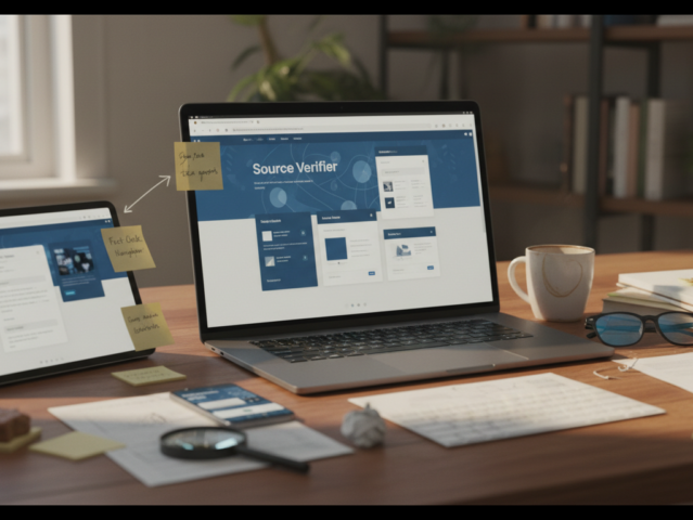 Person using various digital tools to verify information online, symbolizing critical thinking and source checking.