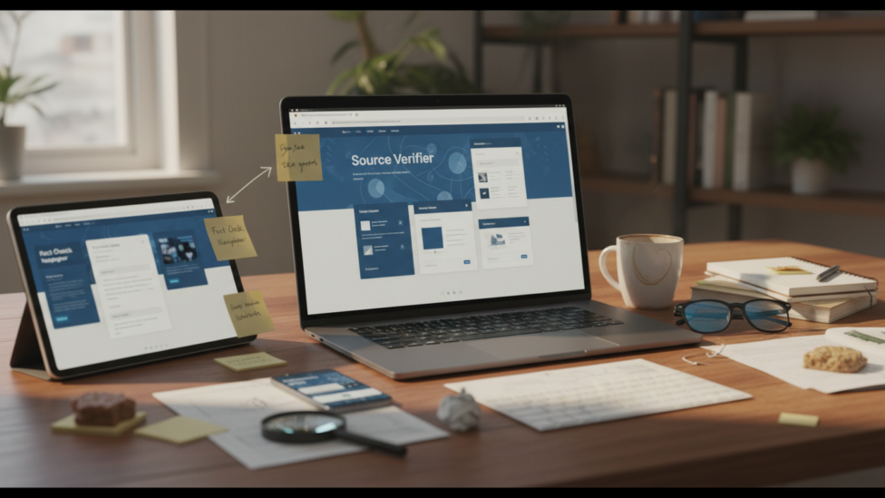 Person using various digital tools to verify information online, symbolizing critical thinking and source checking.