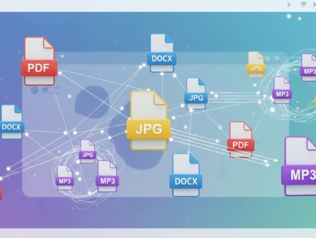 Digital files transforming and connecting on a clean interface.