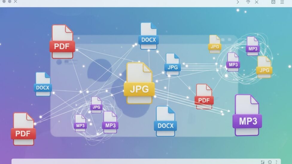 Digital files transforming and connecting on a clean interface.