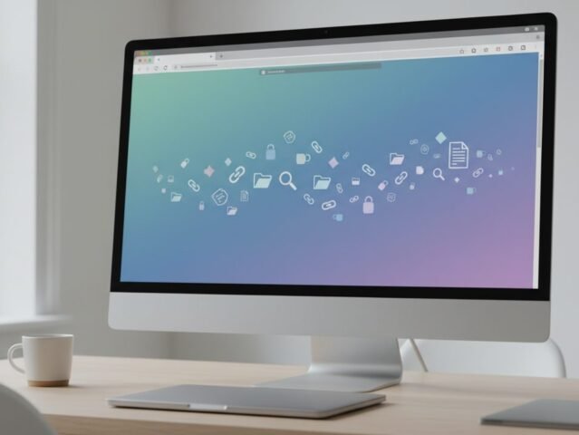 Digital tools and icons representing organized web research