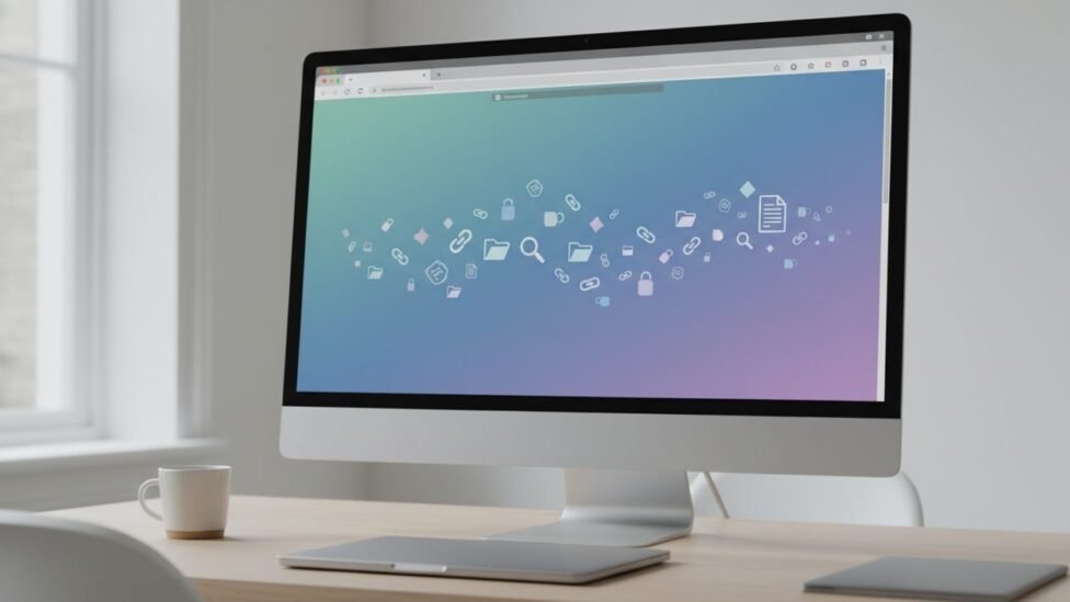 Digital tools and icons representing organized web research