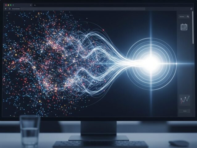 Digital illustration of information converging into a clear, bright decision.