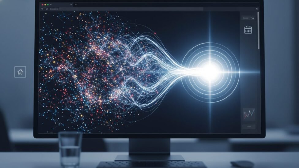 Digital illustration of information converging into a clear, bright decision.