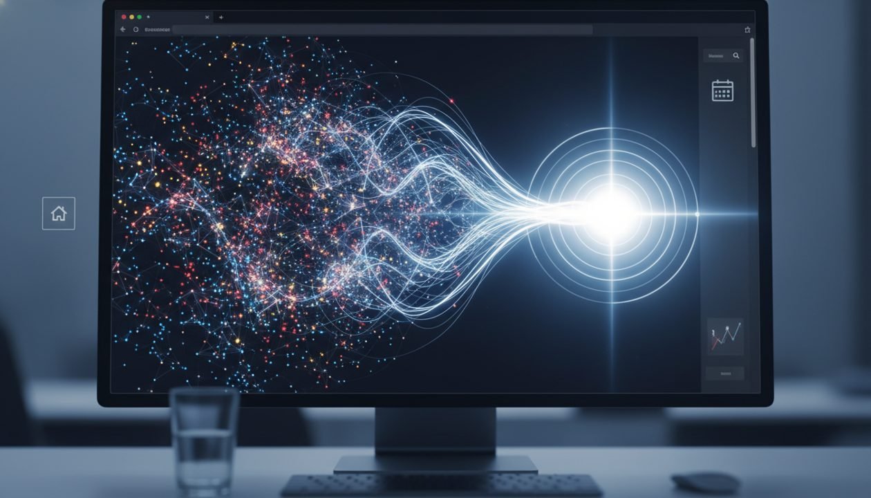 Digital illustration of information converging into a clear, bright decision.