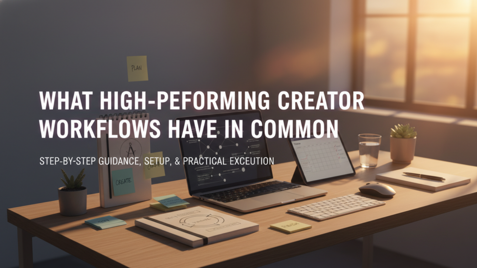 An organized desk with a laptop, tablet, and notebooks, symbolizing an efficient creator workflow.