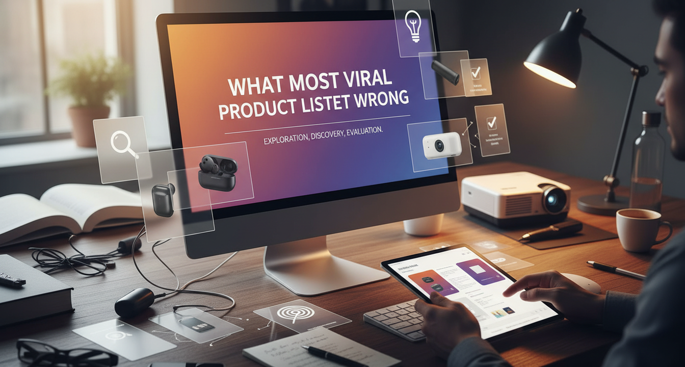 A thoughtful arrangement of various products, contrasting trendy gadgets with timeless, useful tools, illustrating the theme of discerning value beyond viral hype.
