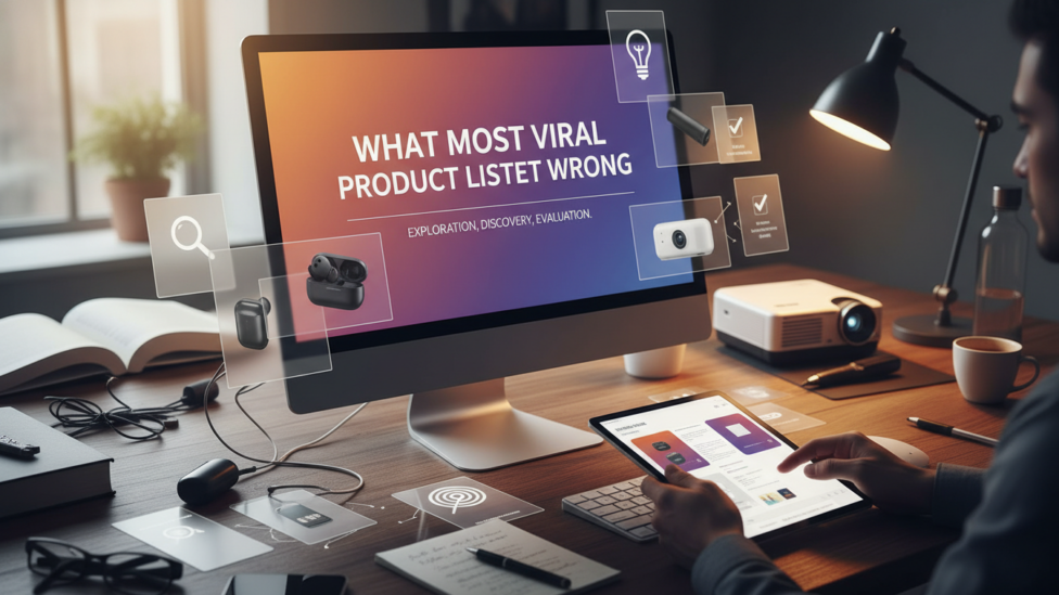 A thoughtful arrangement of various products, contrasting trendy gadgets with timeless, useful tools, illustrating the theme of discerning value beyond viral hype.