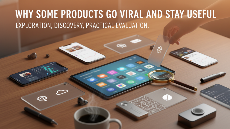 Abstract illustration of ideas spreading and solidifying, representing products that go viral and stay useful.