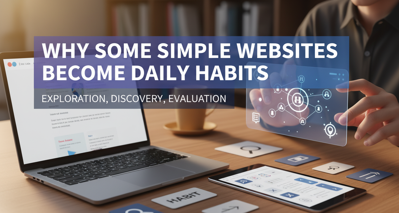 A minimalist desk with a laptop displaying a simple website, symbolizing digital efficiency and habit formation.