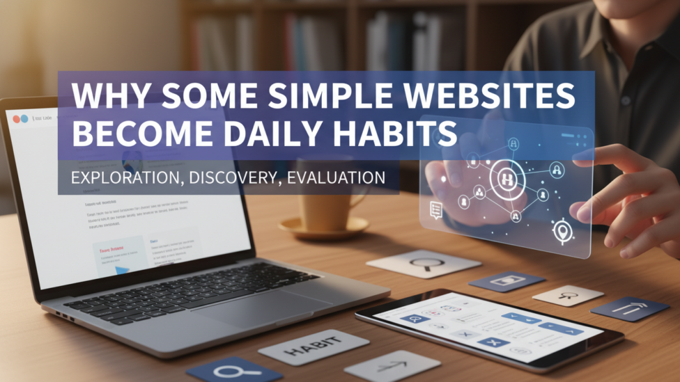 A minimalist desk with a laptop displaying a simple website, symbolizing digital efficiency and habit formation.