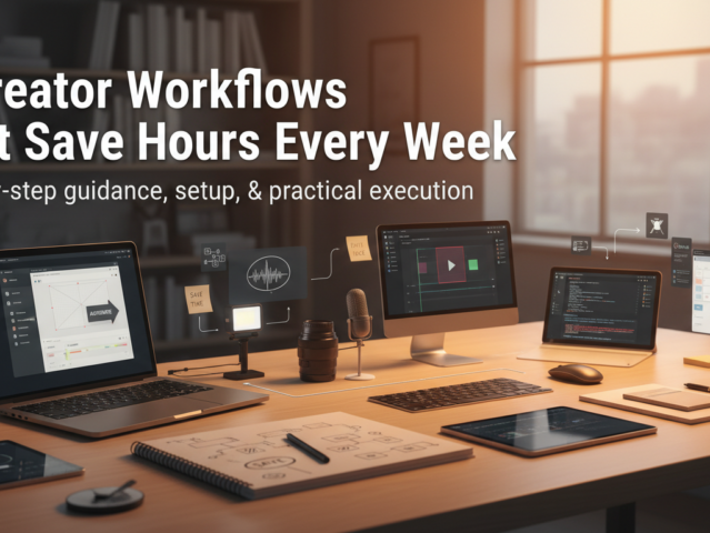 A visual metaphor for efficient creative workflows, showing gears and creative tools working in harmony to save time.