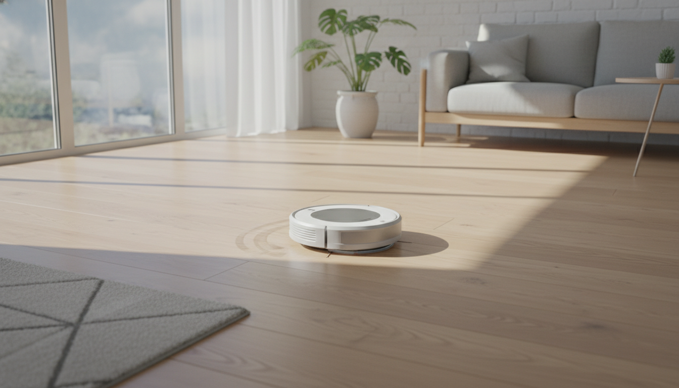 A modern living room with smart lighting, a smart thermostat, and a robot vacuum, symbolizing improved daily life through technology. supporting image 1