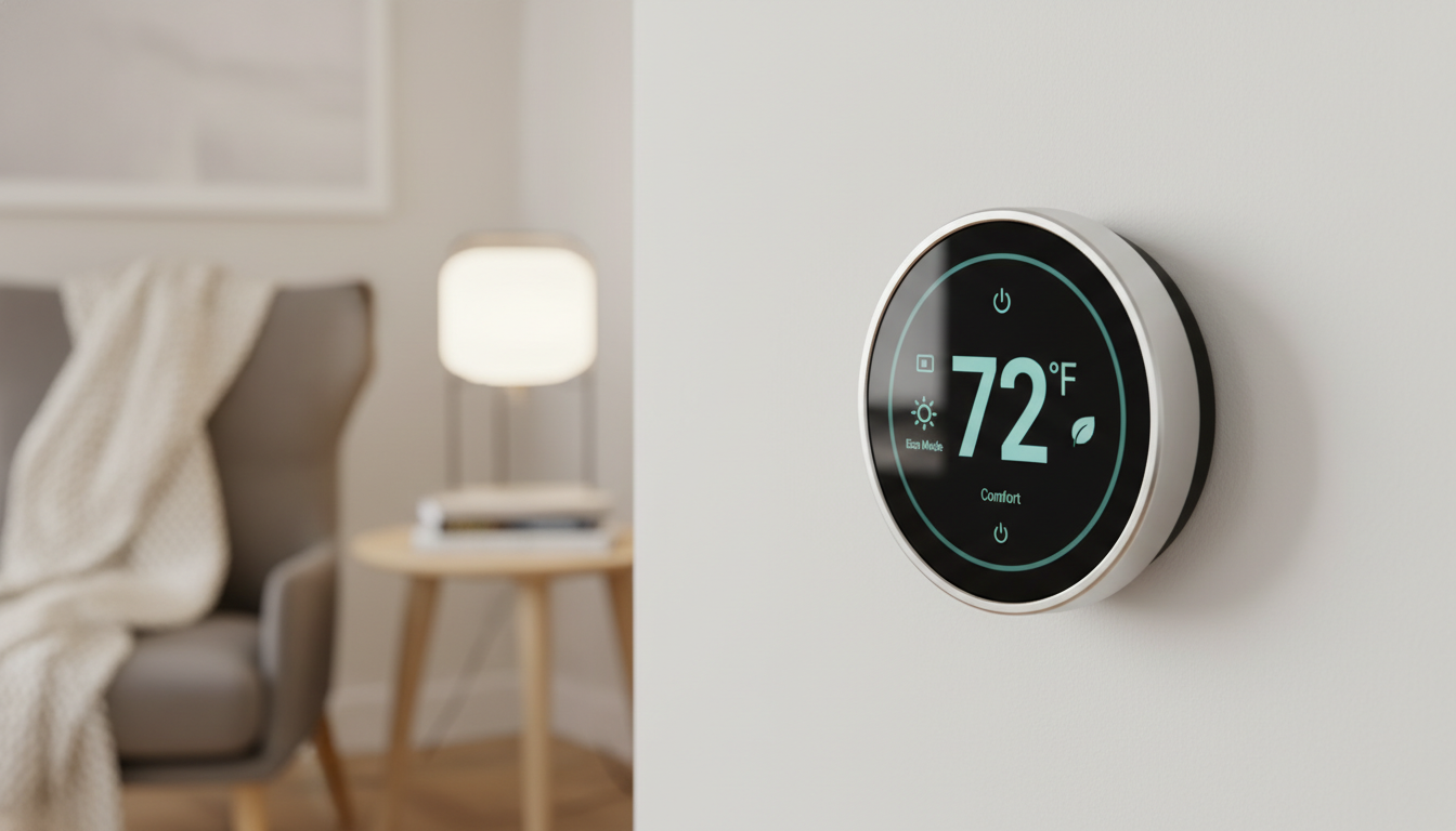 A modern living room with smart lighting, a smart thermostat, and a robot vacuum, symbolizing improved daily life through technology. supporting image 2