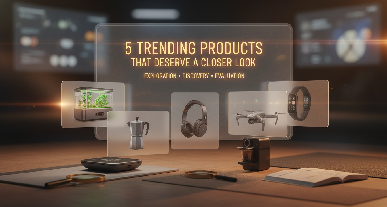A collection of five trending products including an air quality monitor, smart notebook, ergonomic mouse, micro-learning app on a tablet, and a smart water bottle, arranged aesthetically on a modern surface.
