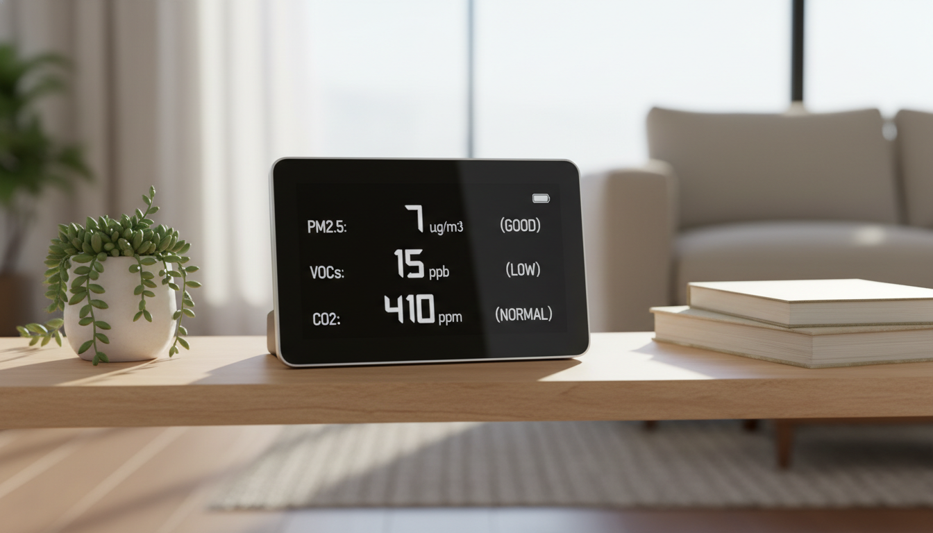 A collection of five trending products including an air quality monitor, smart notebook, ergonomic mouse, micro-learning app on a tablet, and a smart water bottle, arranged aesthetically on a modern surface. supporting image 1
