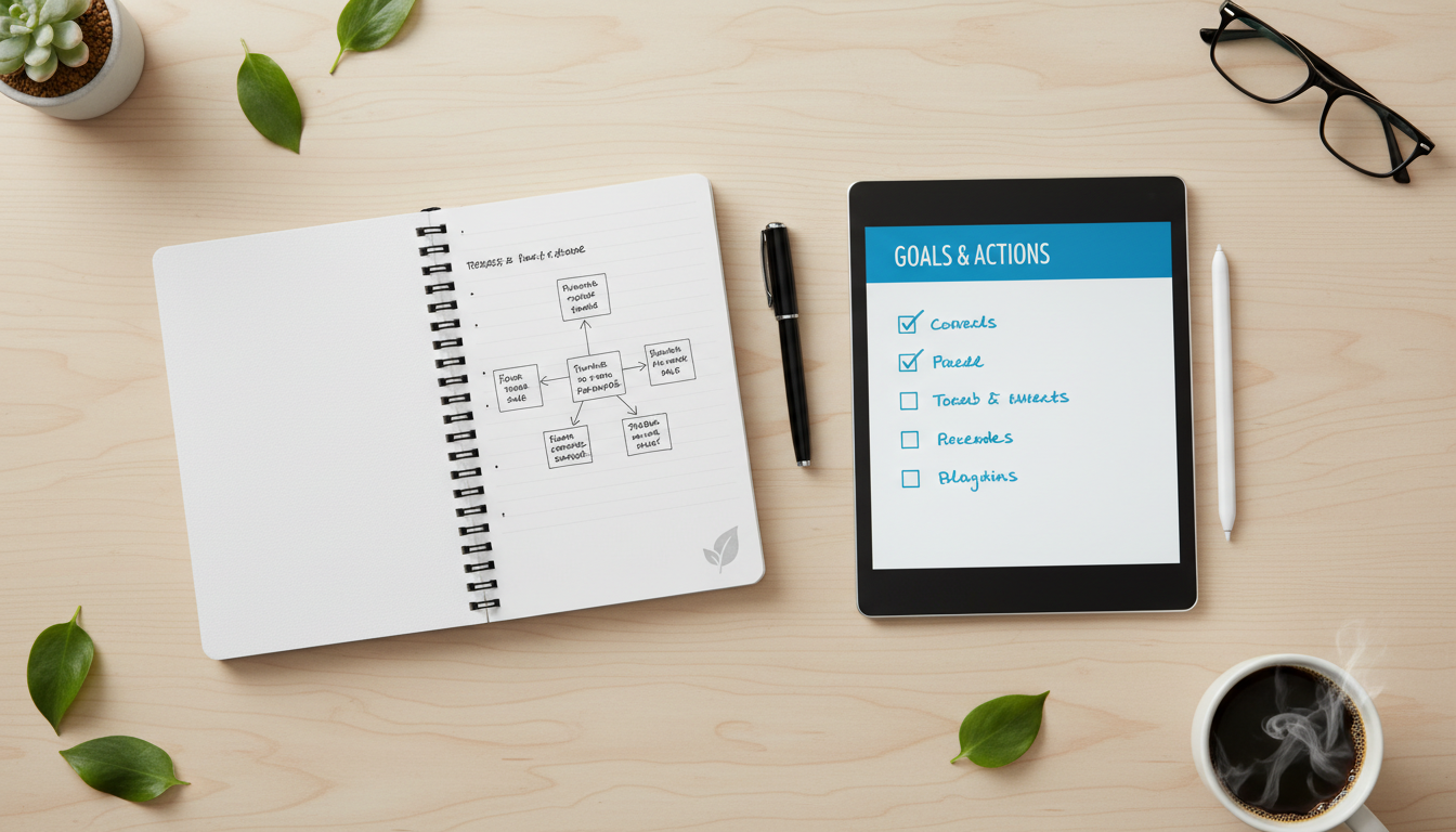 A collection of five trending products including an air quality monitor, smart notebook, ergonomic mouse, micro-learning app on a tablet, and a smart water bottle, arranged aesthetically on a modern surface. supporting image 2