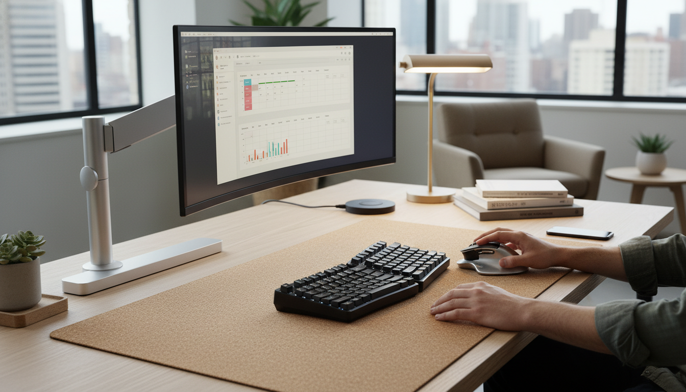A collection of five trending products including an air quality monitor, smart notebook, ergonomic mouse, micro-learning app on a tablet, and a smart water bottle, arranged aesthetically on a modern surface. supporting image 3