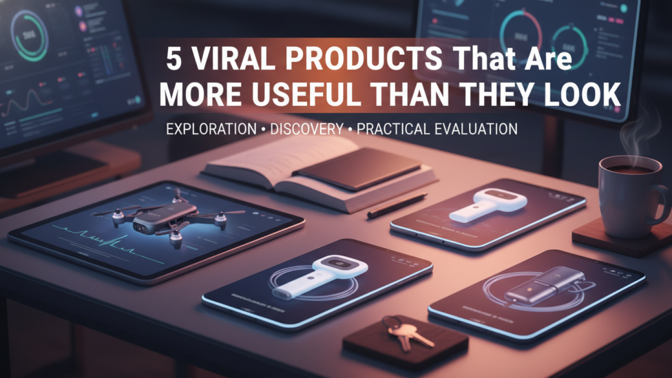 A curated collection of five viral products including cleaning gel, heat sealer, silicone lids, cable organizers, and a collapsible water bottle, arranged on a modern surface.