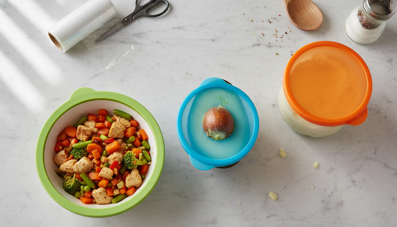 A curated collection of five viral products including cleaning gel, heat sealer, silicone lids, cable organizers, and a collapsible water bottle, arranged on a modern surface. supporting image 2