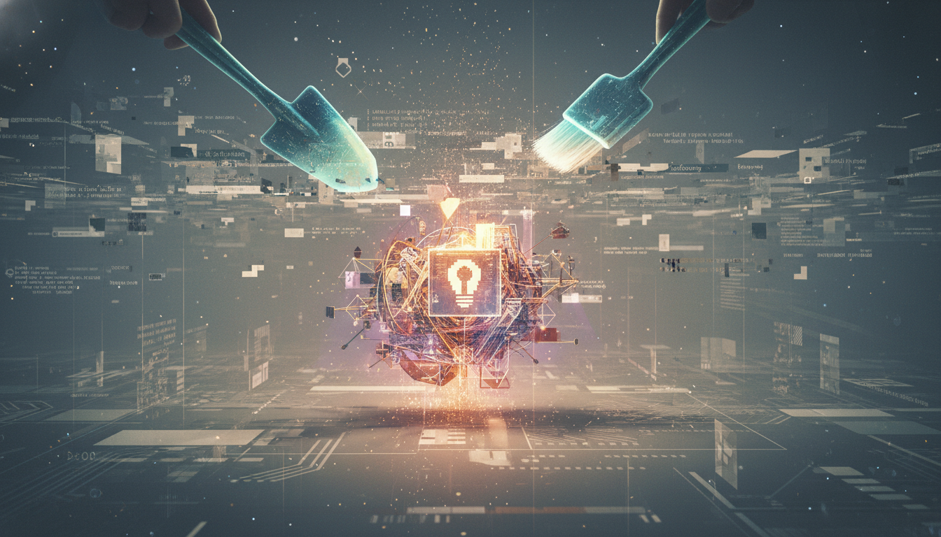 A person discovering hidden digital tools in a futuristic library setting. supporting image 2