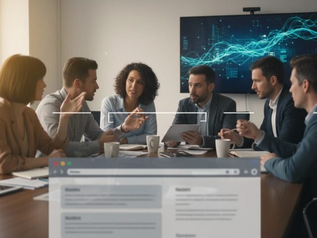 Team members collaborating in a meeting, with AI elements subtly integrated.