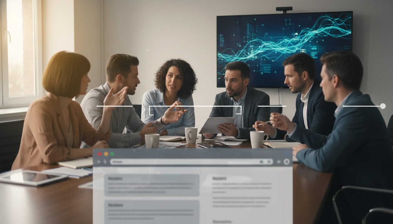 Team members collaborating in a meeting, with AI elements subtly integrated.