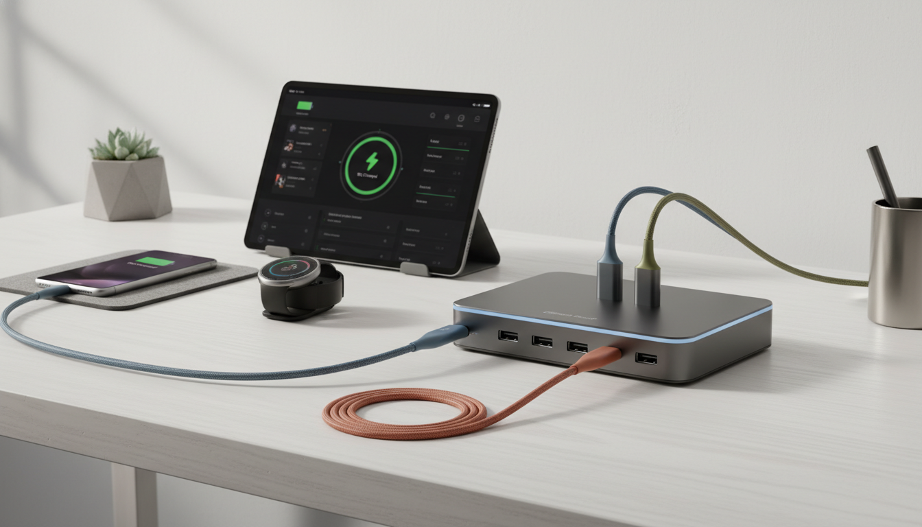 A perfectly organized desk with a laptop, monitor, and smart gadgets, showcasing a streamlined and efficient technology setup. supporting image 1