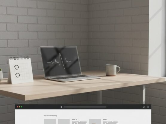 A tidy desk with a laptop displaying a clean desktop, symbolizing digital organization.