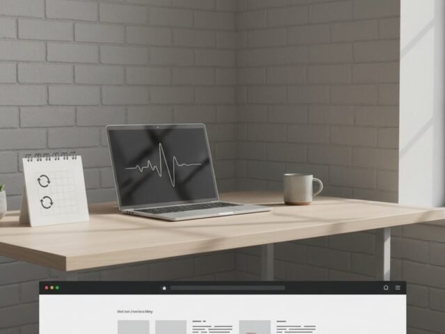 A tidy desk with a laptop displaying a clean desktop, symbolizing digital organization.