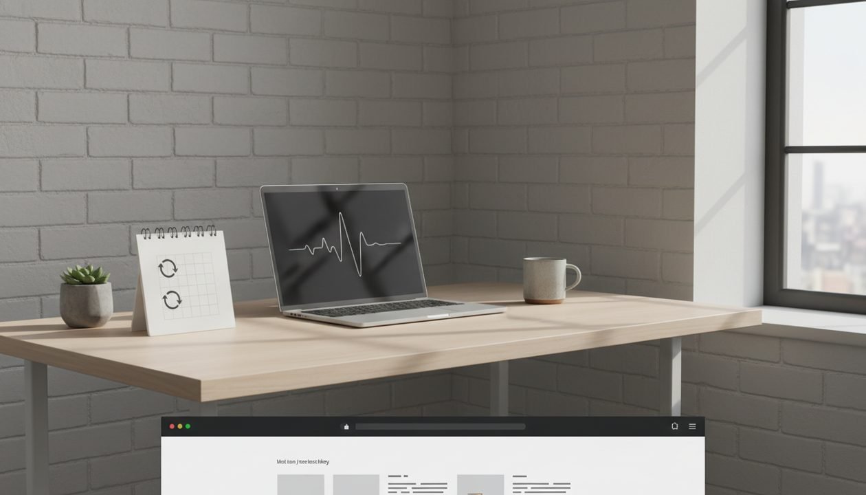 A tidy desk with a laptop displaying a clean desktop, symbolizing digital organization.