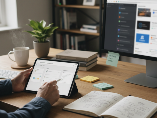 Person using an AI note-taking app on a tablet, symbolizing thoughtful tool selection.