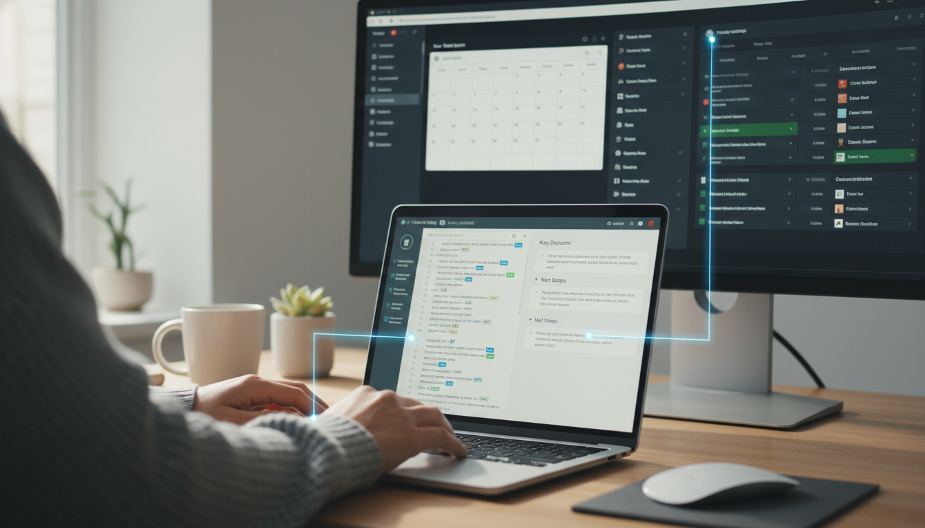 A minimalist desk setup with a laptop displaying a note-taking app, surrounded by a few essential items, symbolizing focused productivity with AI tools. supporting image 3