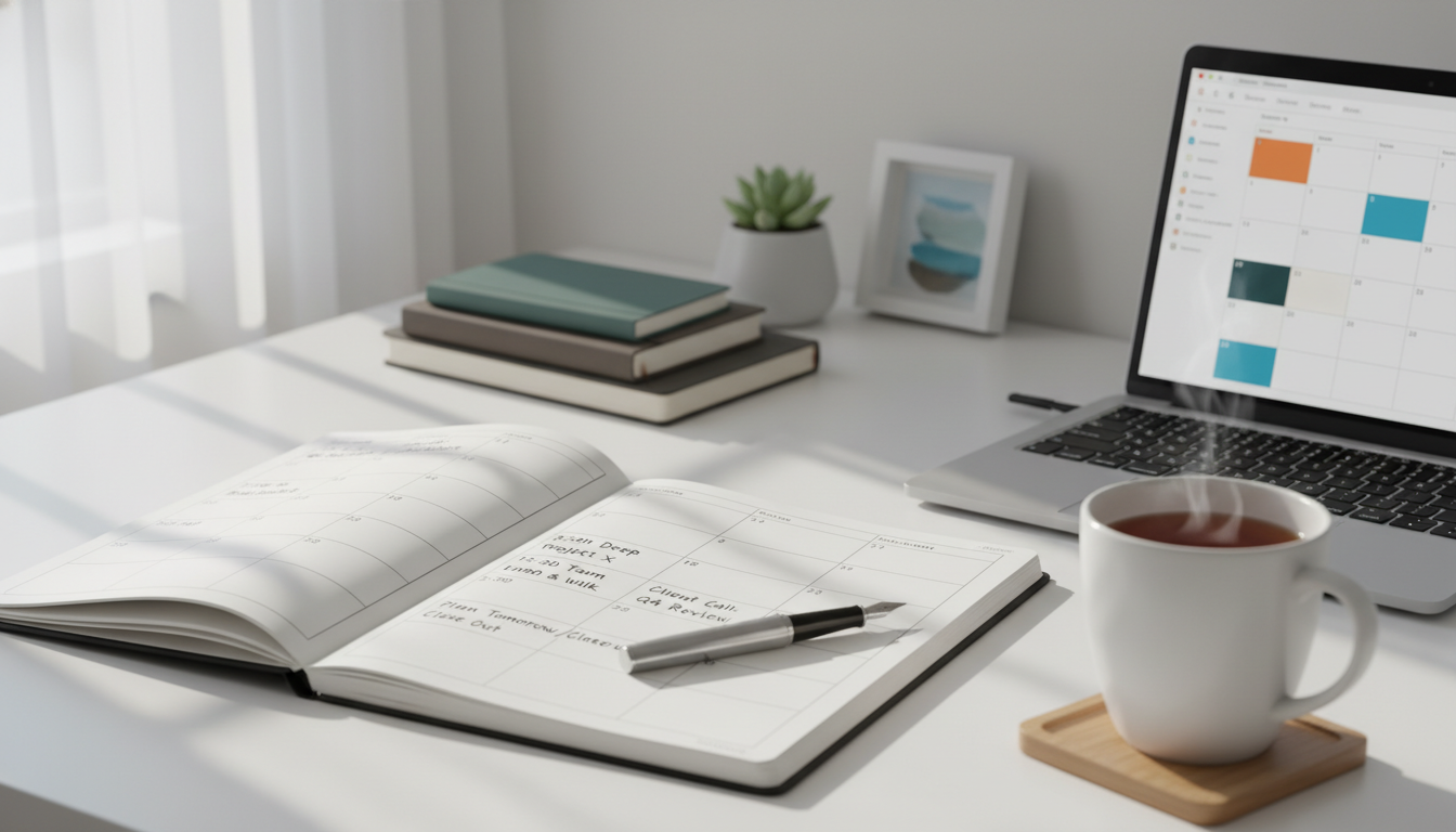 An organized desk with a planner, laptop, and coffee, symbolizing effective daily planning and productivity. supporting image 1