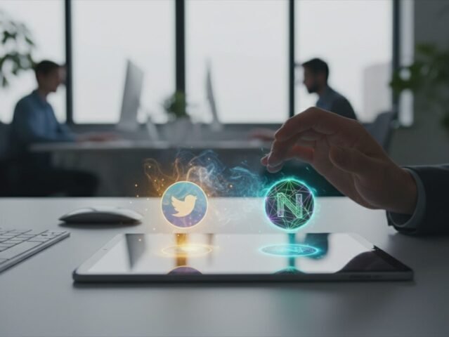Hand choosing between an old and new productivity app icon on a tablet.