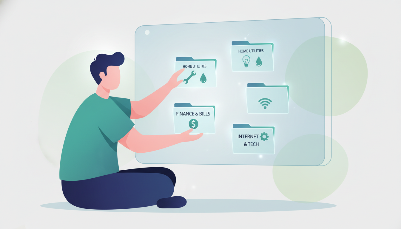 A well-organized digital workspace with a laptop displaying categorized utility website icons, symbolizing efficient online resource management. supporting image 1