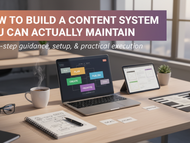 Organized desk with content creation tools and a laptop displaying the title 'How to Build a Content System You Can Actually Maintain'