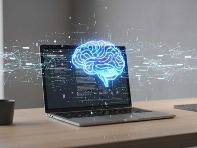 A digital brain icon hovering over a laptop, symbolizing AI-powered research and deep work.