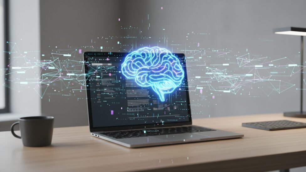 A digital brain icon hovering over a laptop, symbolizing AI-powered research and deep work.