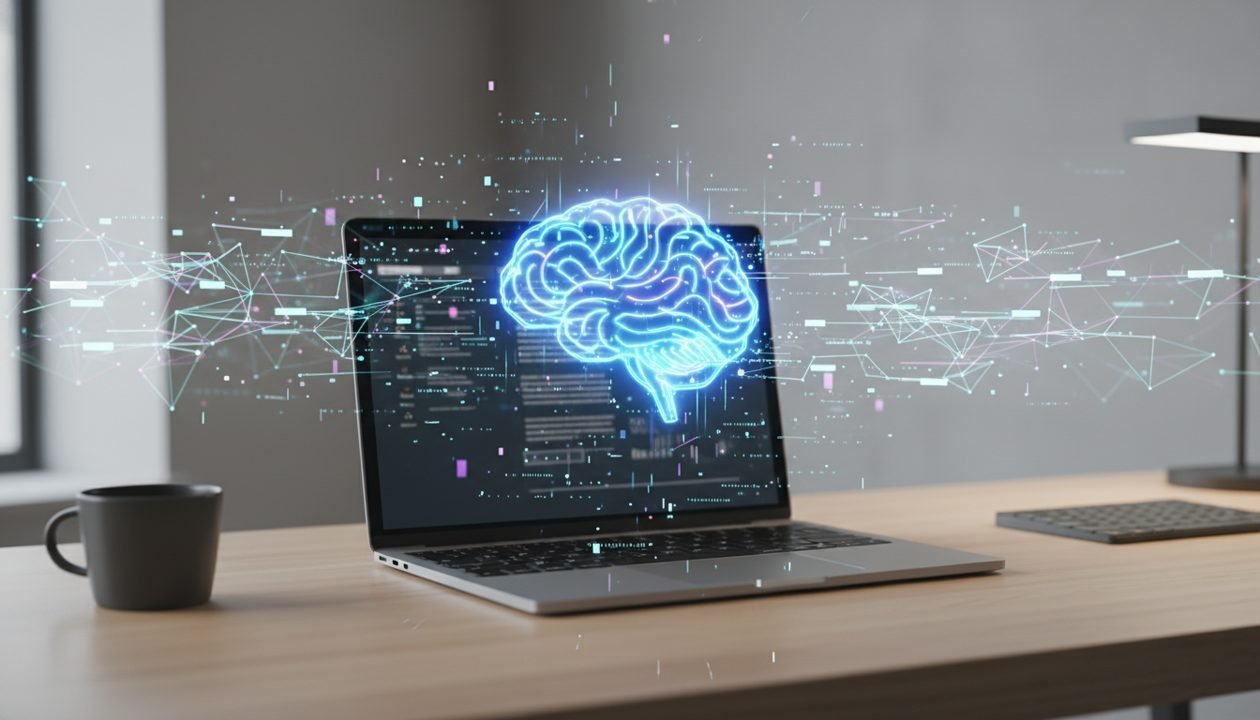 A digital brain icon hovering over a laptop, symbolizing AI-powered research and deep work.