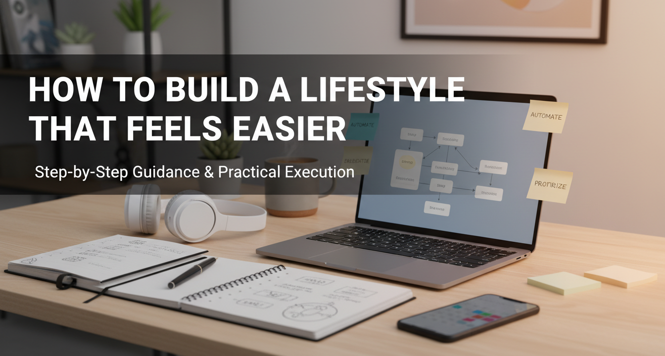 A person calmly working in a serene, minimalist home office, symbolizing an easier, well-designed lifestyle.