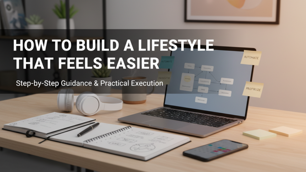 A person calmly working in a serene, minimalist home office, symbolizing an easier, well-designed lifestyle.