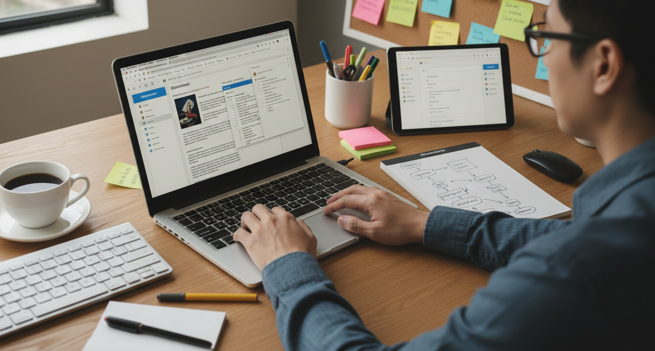 Person efficiently managing digital research with organized browser tabs and notes