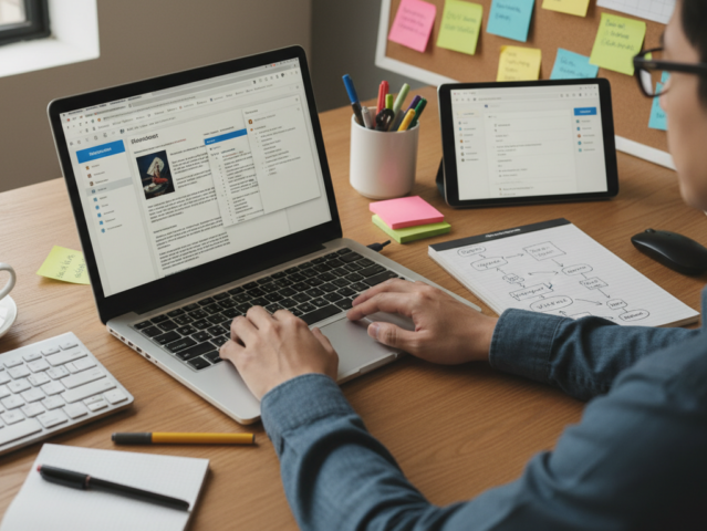 Person efficiently managing digital research with organized browser tabs and notes