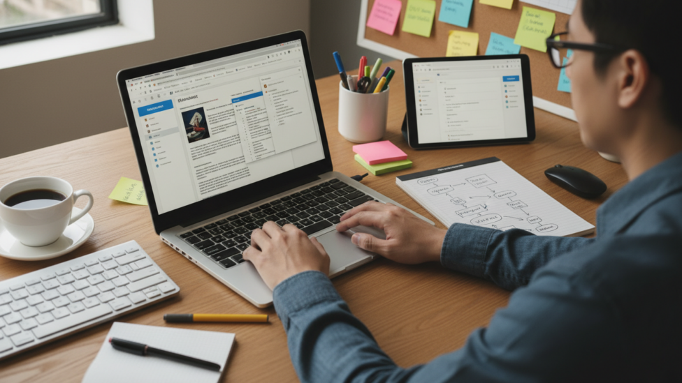 Person efficiently managing digital research with organized browser tabs and notes