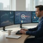 Person at desk analyzing data on multiple screens with a magnifying glass icon, symbolizing digital information verification.