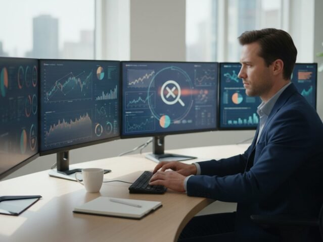 Person at desk analyzing data on multiple screens with a magnifying glass icon, symbolizing digital information verification.