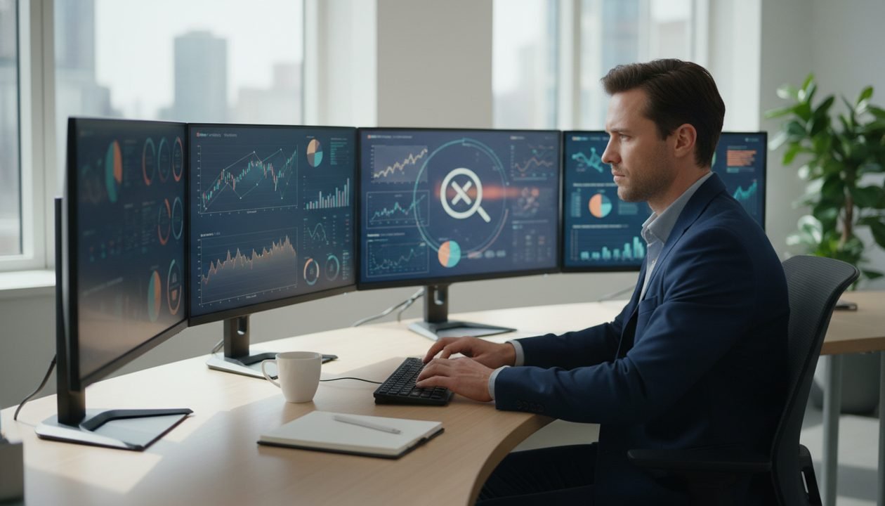 Person at desk analyzing data on multiple screens with a magnifying glass icon, symbolizing digital information verification.