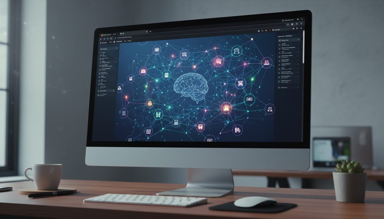 Digital network representing AI search and information analysis.